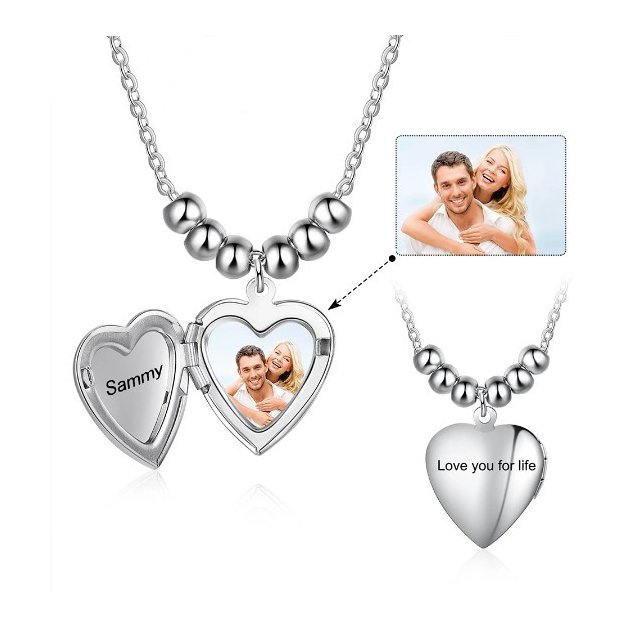 Personalized Women's Necklace Locket Heart Photo Silver Color