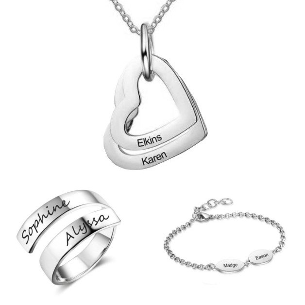 SooYoove. Necklace. Personalized. 2 first names. Medallions. Hearts. Money