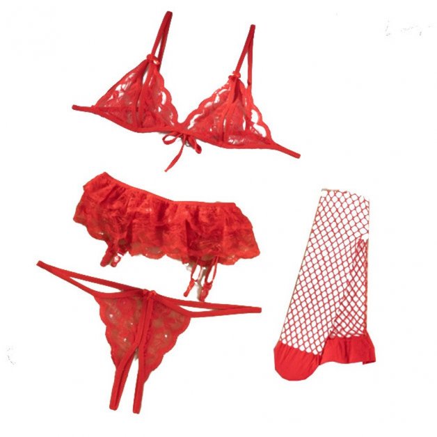 Red sensual lingerie set, open crotch and cups. V2