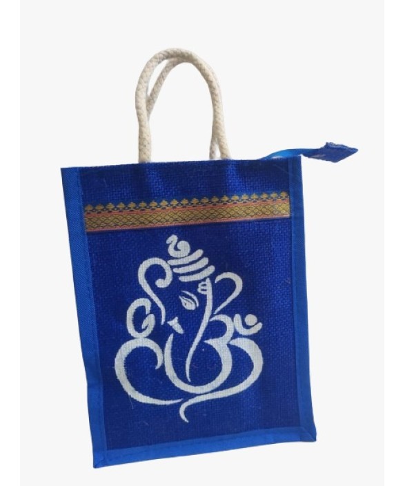 Small Jute Dark Blue Pooja Bag/Ganesha Idol Print