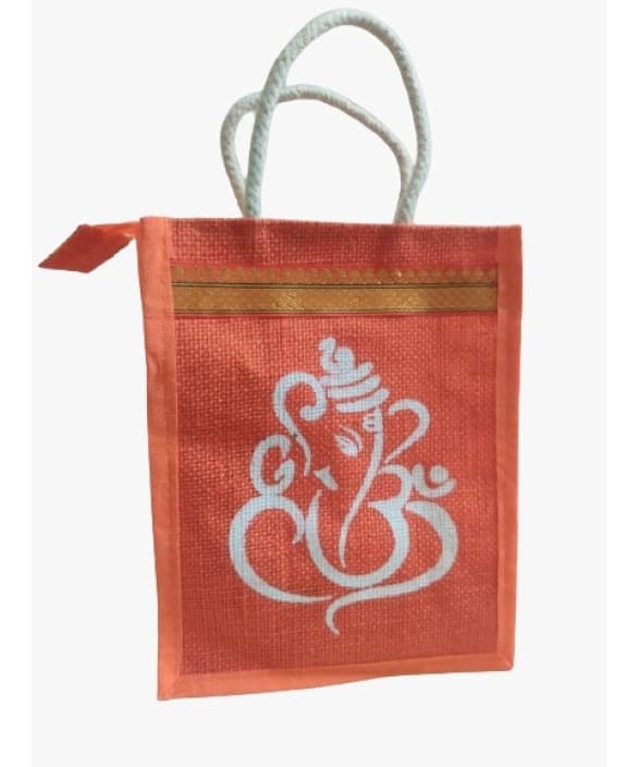 Small Jute Orange Pooja Bag/Ganesha Idol Print