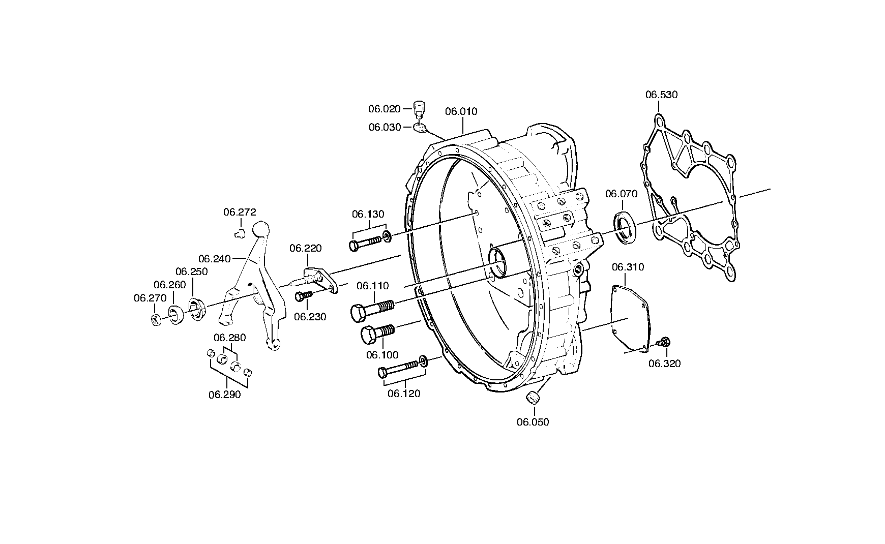 Technical drawing of DAIMLER AG A0002501605 CLUTCH BELL HOUSING with dimensions and layout