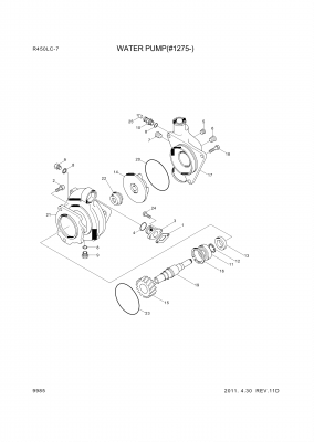 Technical drawing of Hyundai Construction Equipment YUBP-06323 PUMP ASSY-WATER with dimensions and layout
