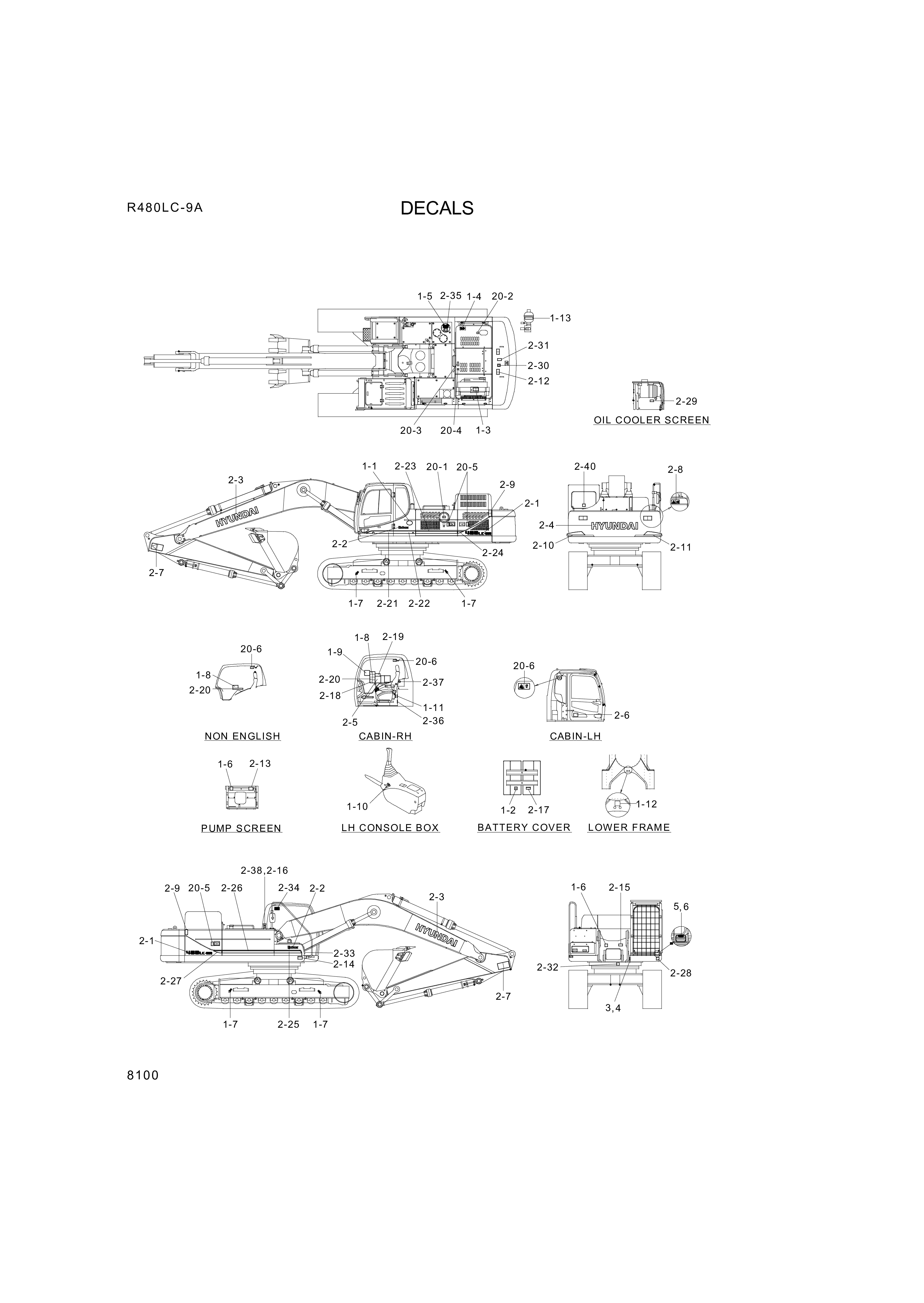 Technical drawing of Hyundai Construction Equipment 96QB-10105 DECAL KIT-B with dimensions and layout