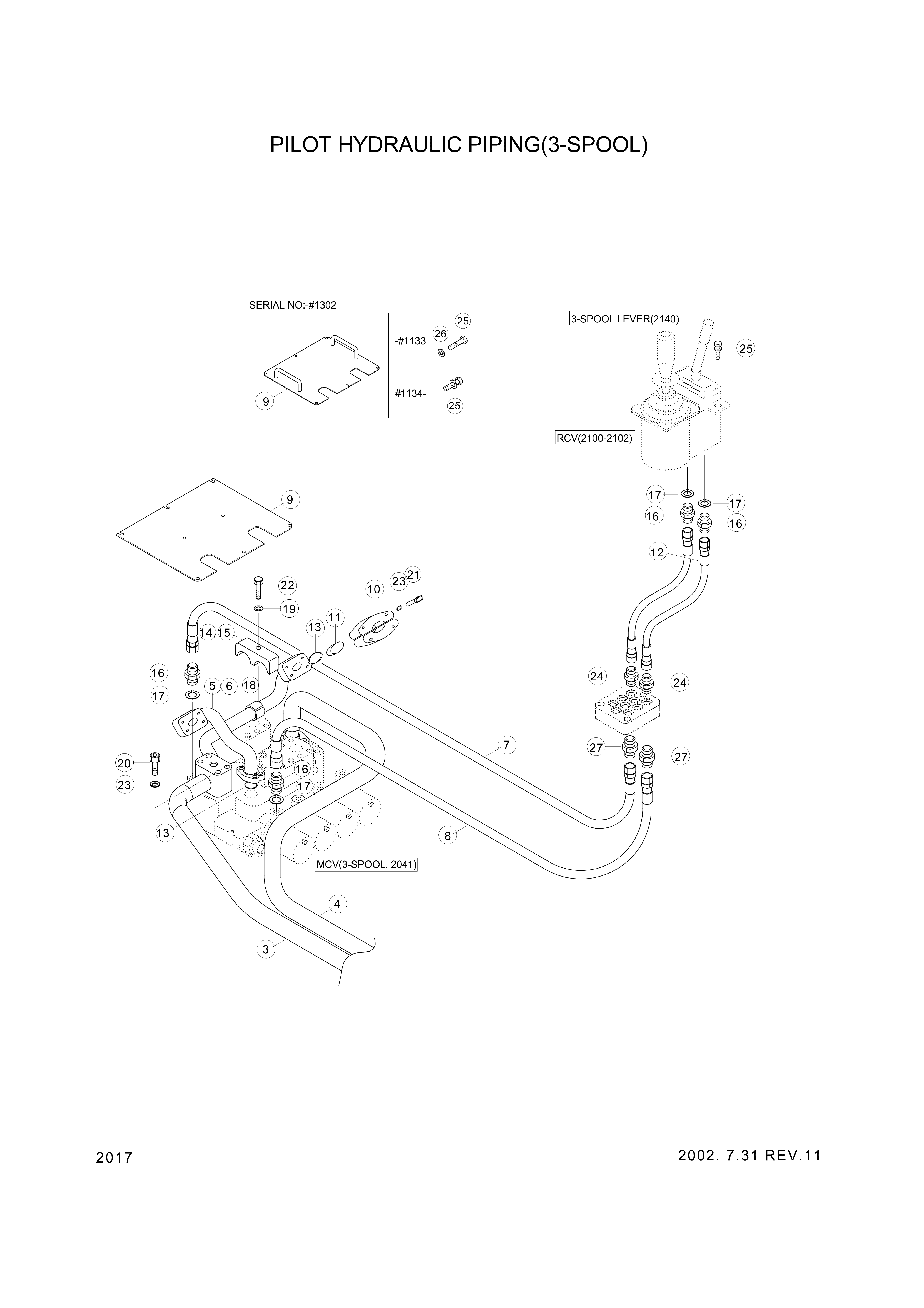 Technical drawing of Hyundai Construction Equipment 34L3-01220 PIPE ASSY-HYD with dimensions and layout (figure 2)