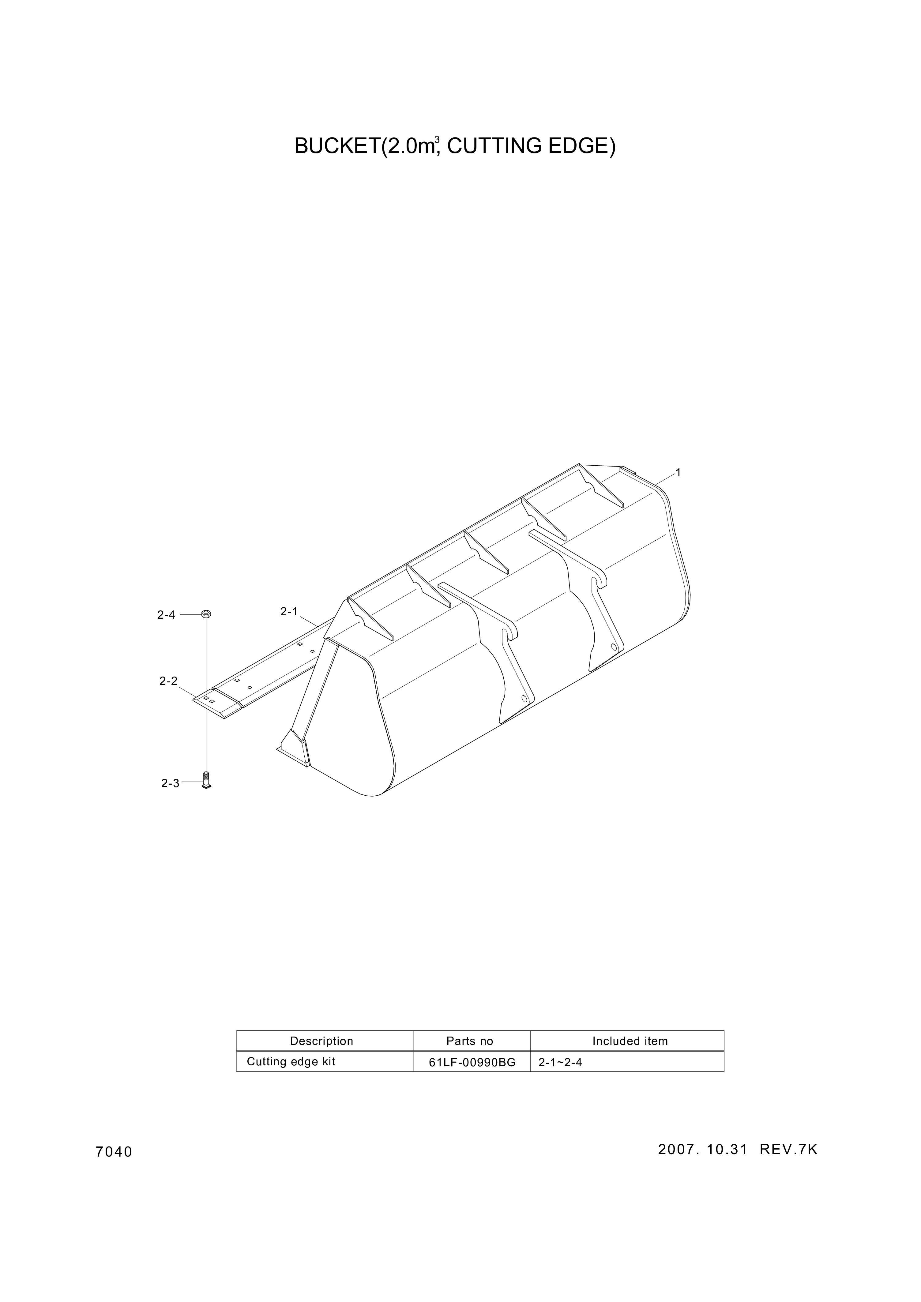Technical drawing of Hyundai Construction Equipment 61LF-00990BG CUTTINGEDGE KIT with dimensions and layout