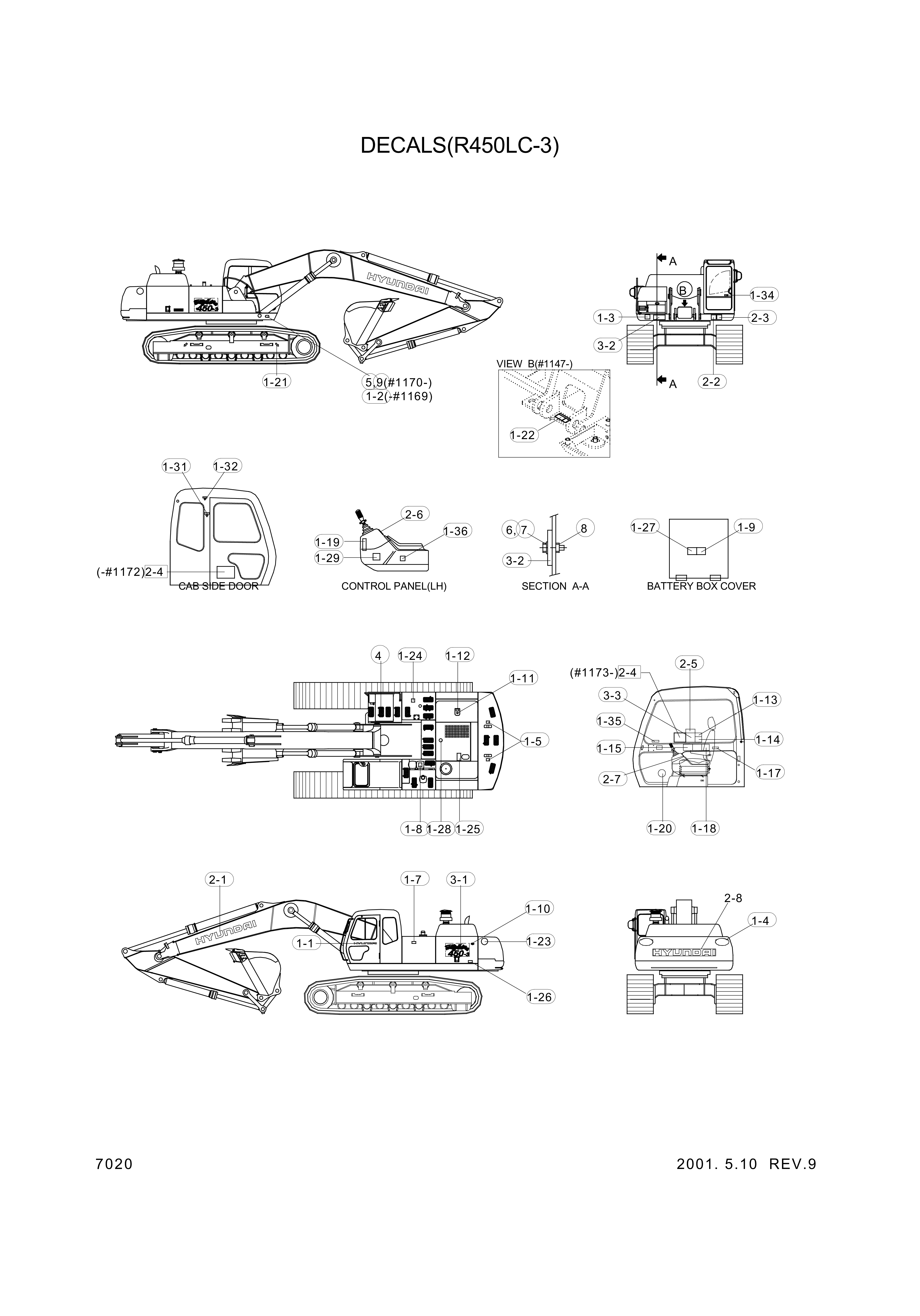 Technical drawing of Hyundai Construction Equipment 94E7-00210 DECAL-LIFT CHART with dimensions and layout