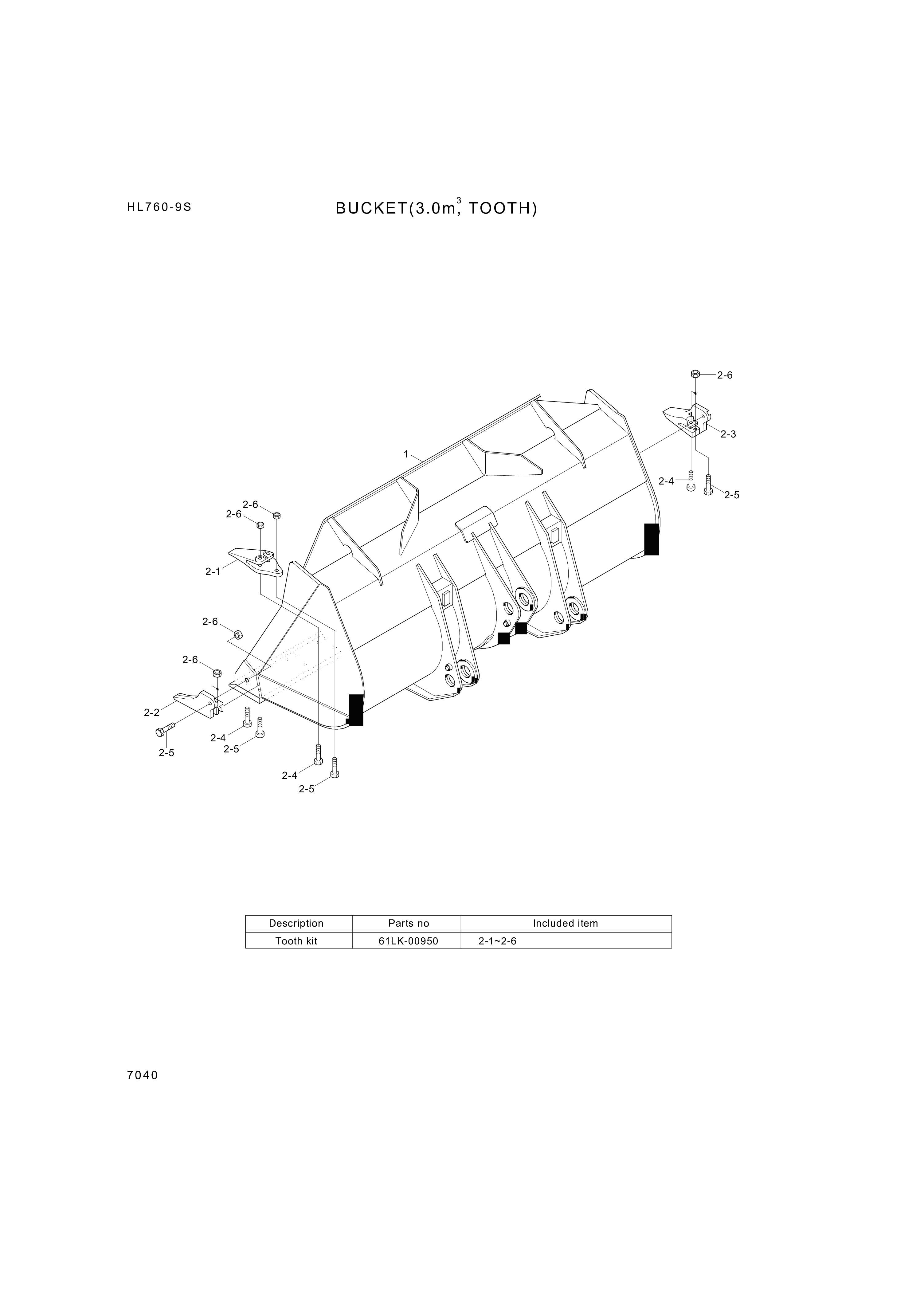 Technical drawing of Hyundai Construction Equipment 61LK-00950 TOOTH KIT with dimensions and layout (figure 3)