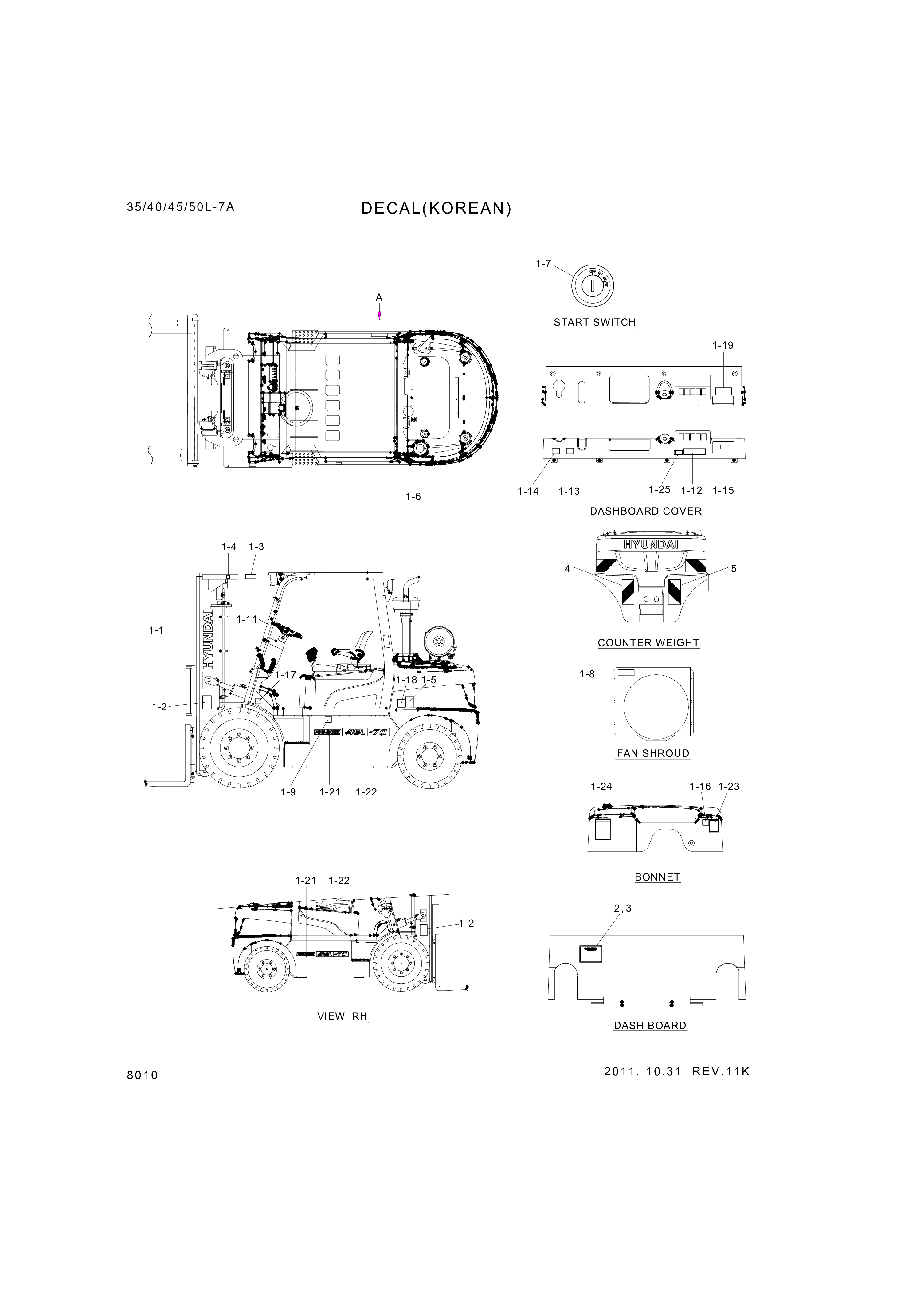 Technical drawing of Hyundai Construction Equipment 93HL-10010 DECAL KIT-A with dimensions and layout