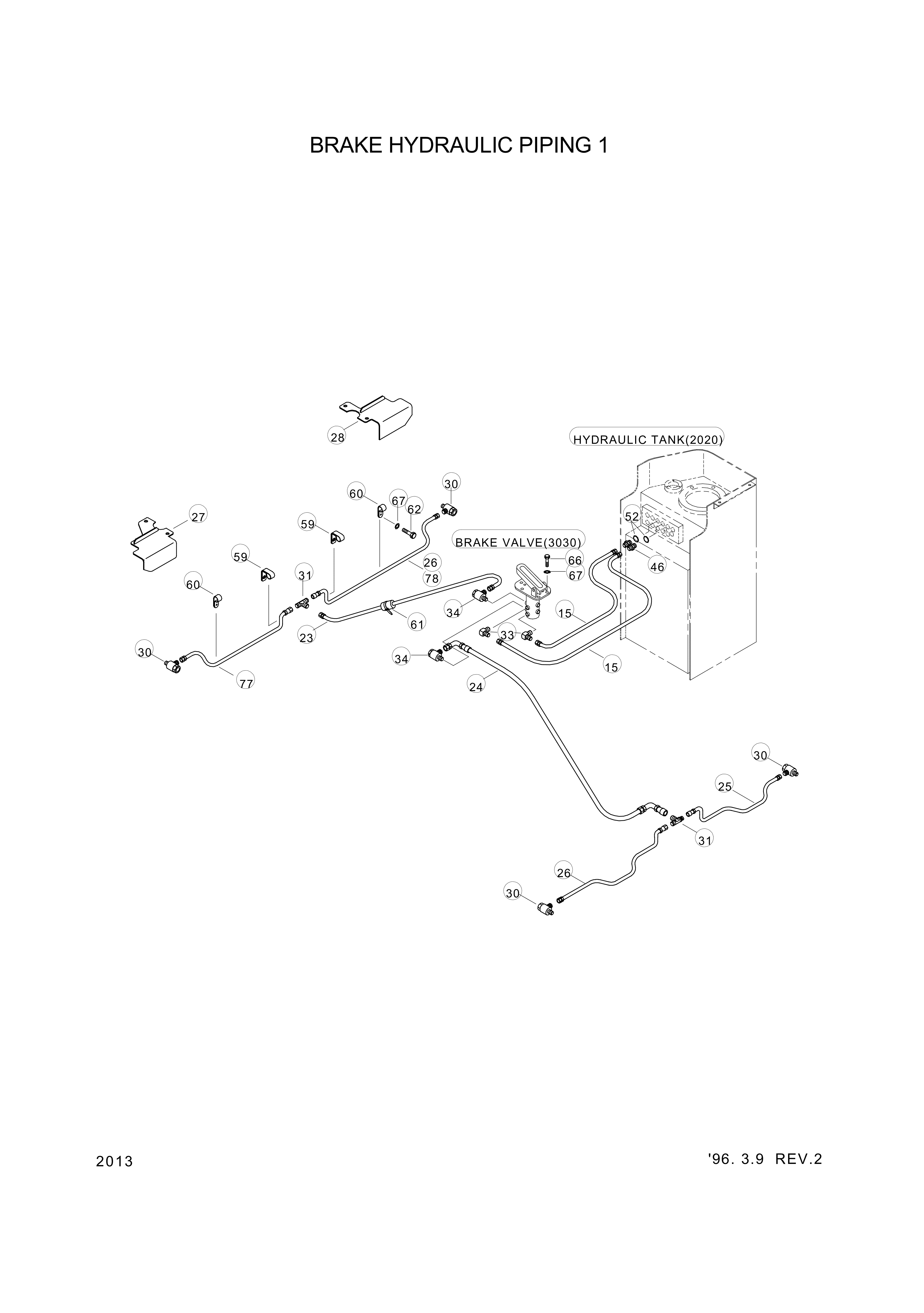 Technical drawing of Hyundai Construction Equipment 34L3-01410 PIPE ASSY-BRAKE with dimensions and layout