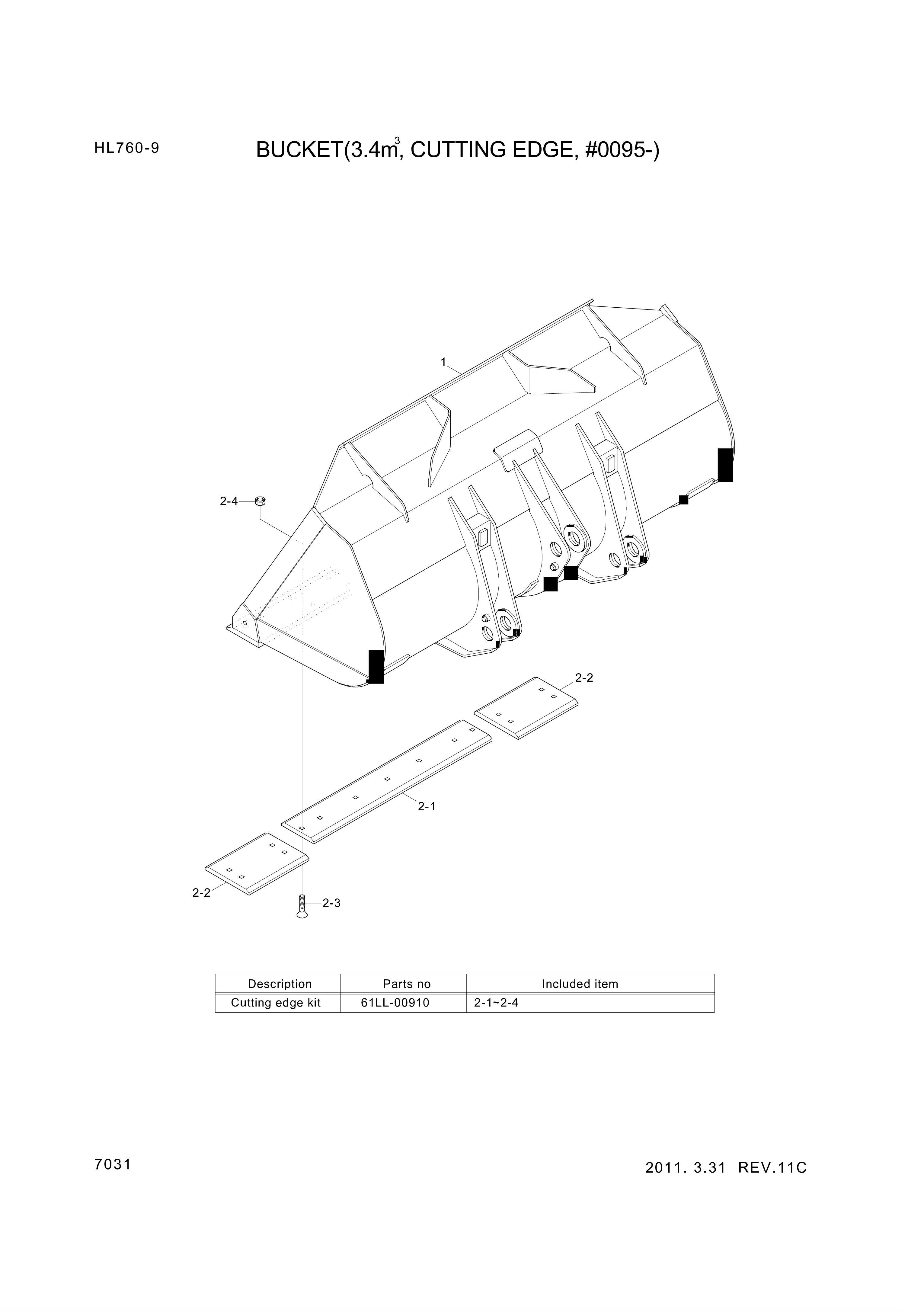 Technical drawing of Hyundai Construction Equipment 61LL-00341 CUTTINGEDGE-CT with dimensions and layout