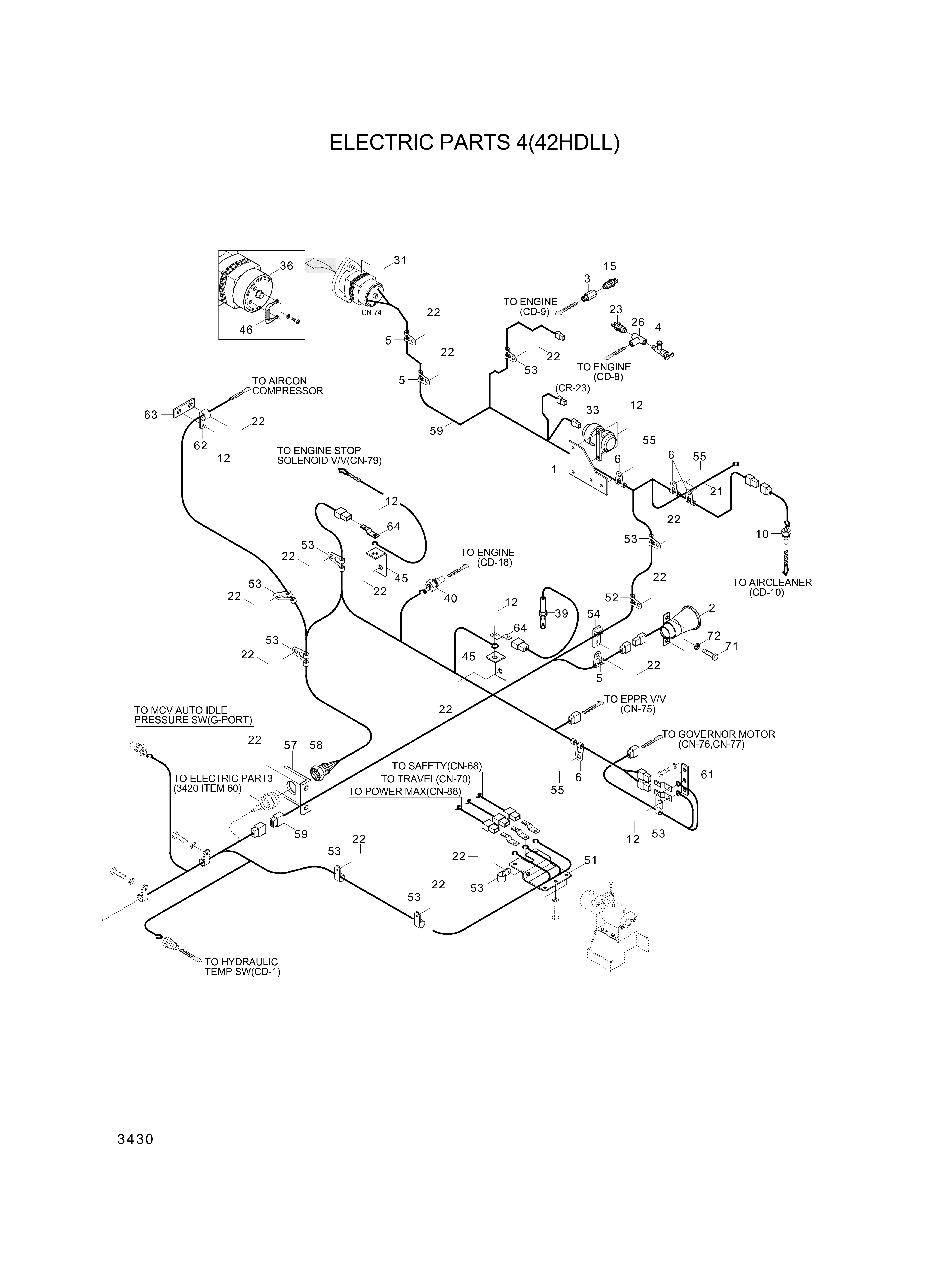 Technical drawing of Hyundai Construction Equipment 94670-72110 UNIT-OVER HEAT WARING with dimensions and layout (figure 2)