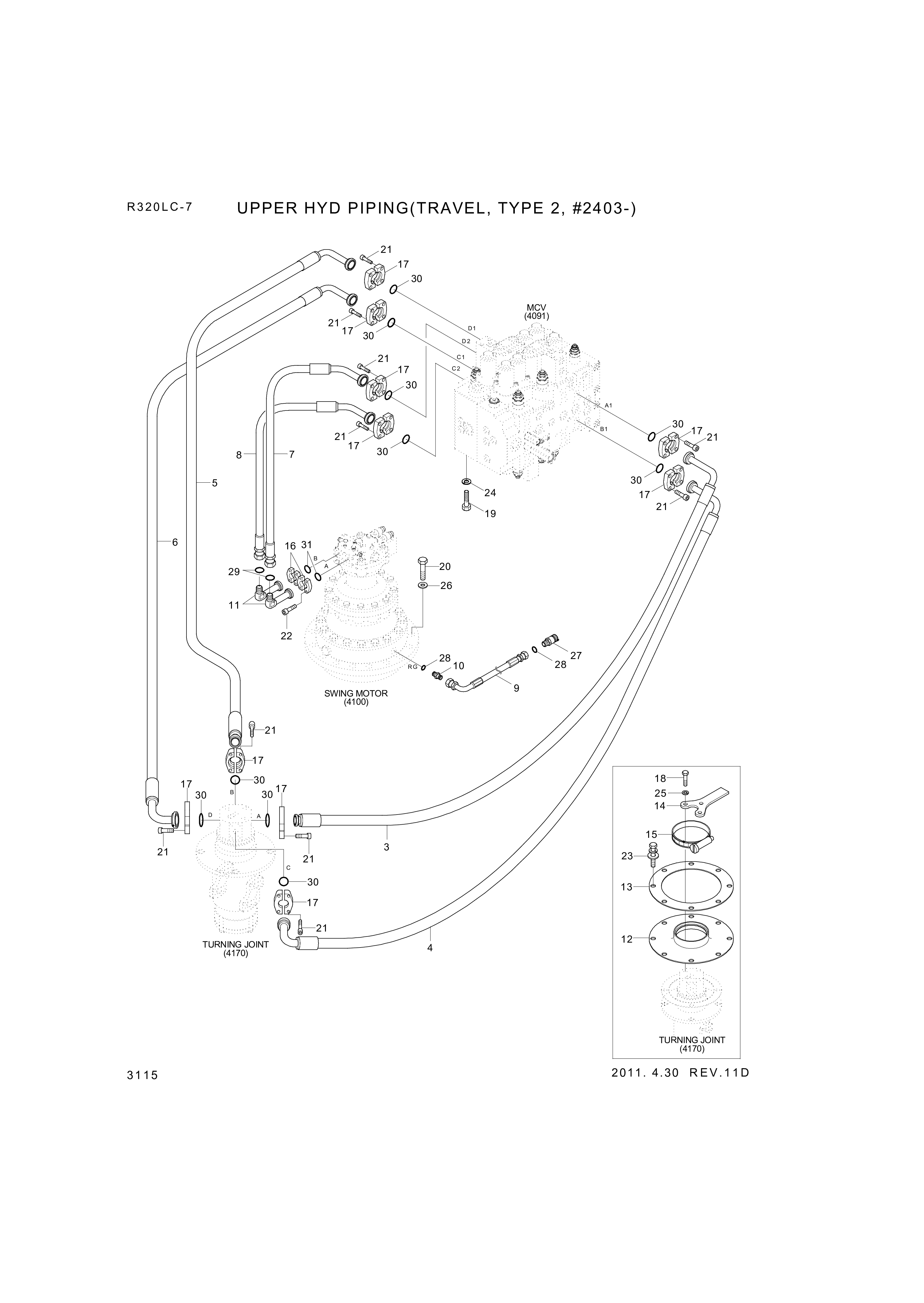 Technical drawing of Hyundai Construction Equipment P950-167324 HOSE ASSY-ORFS&amp;FLG with dimensions and layout