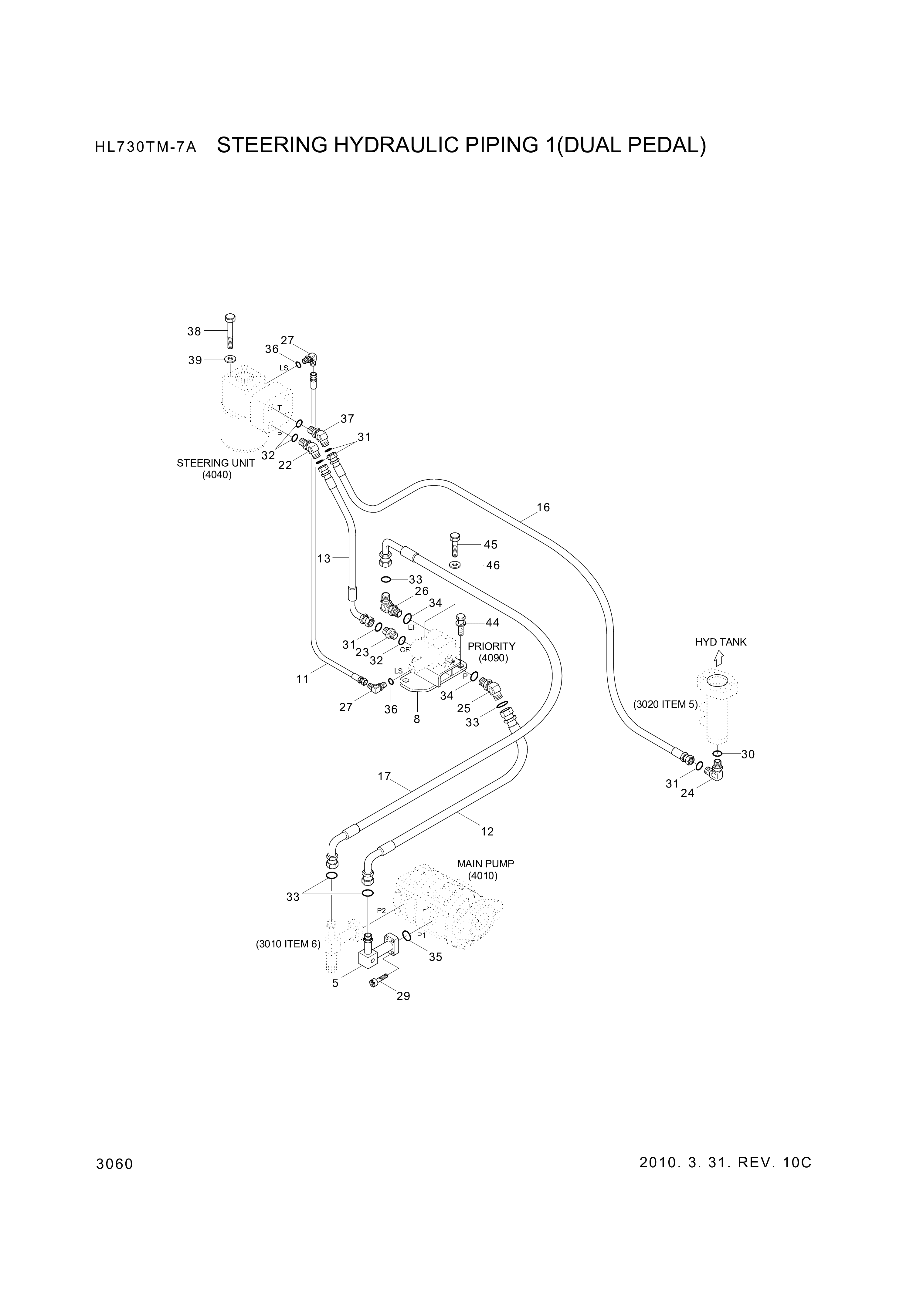 Technical drawing of Hyundai Construction Equipment P930-124010 HOSE ASSY-ORFS&amp;THD with dimensions and layout (figure 3)