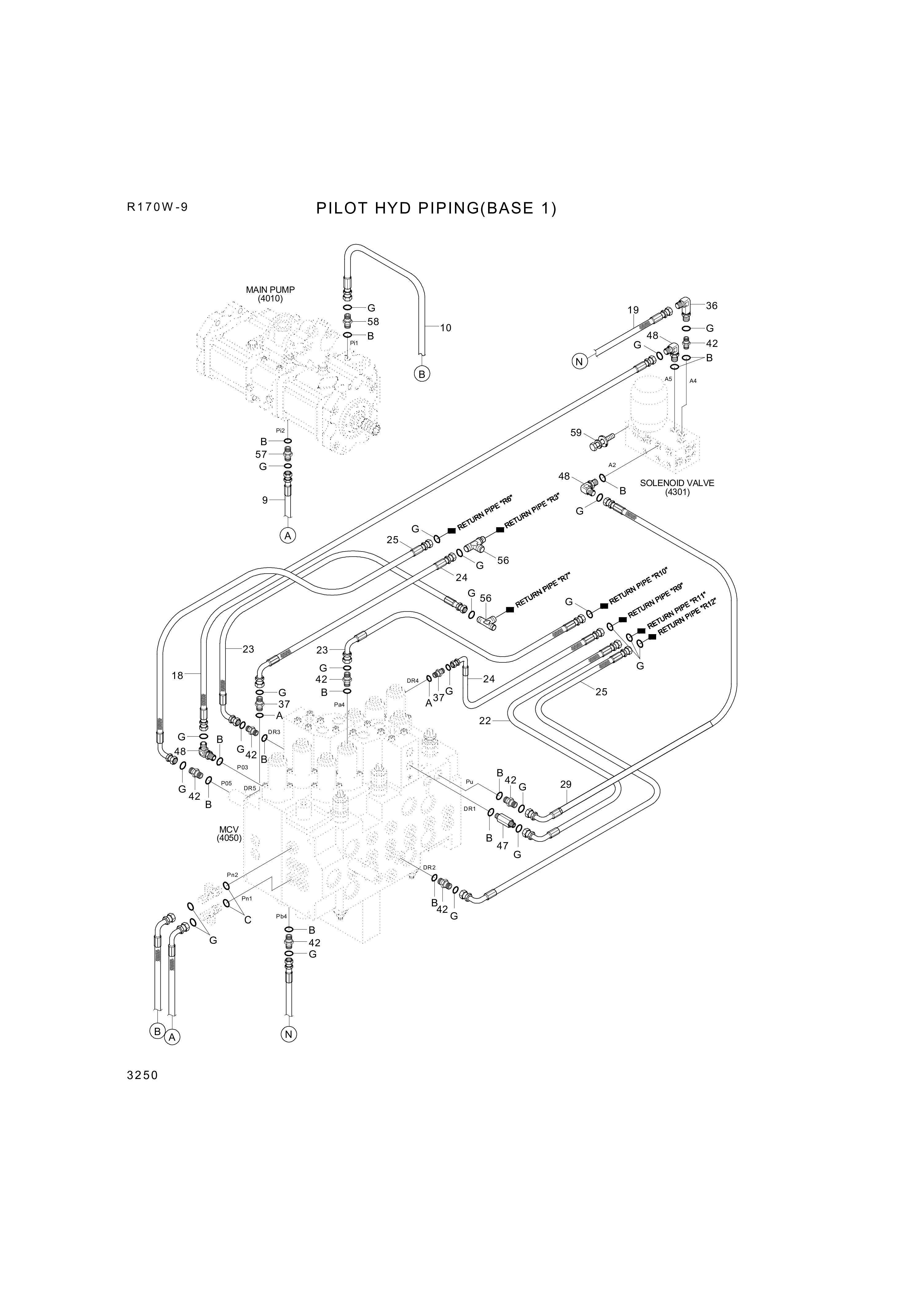 Technical drawing of Hyundai Construction Equipment P930-043052 HOSE ASSY-ORFS&amp;THD with dimensions and layout