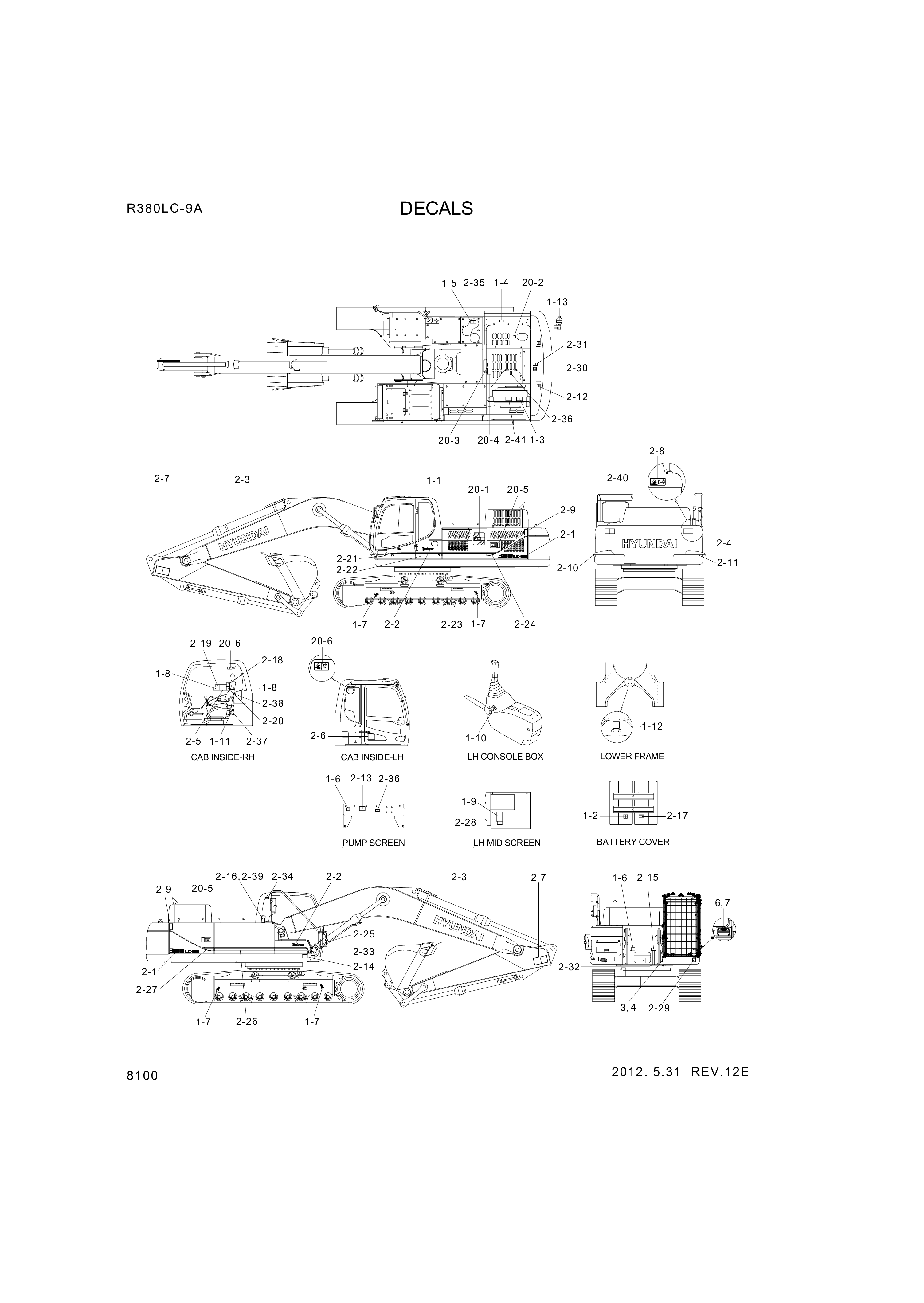 Technical drawing of Hyundai Construction Equipment 93QA-10101 DECAL KIT-B with dimensions and layout