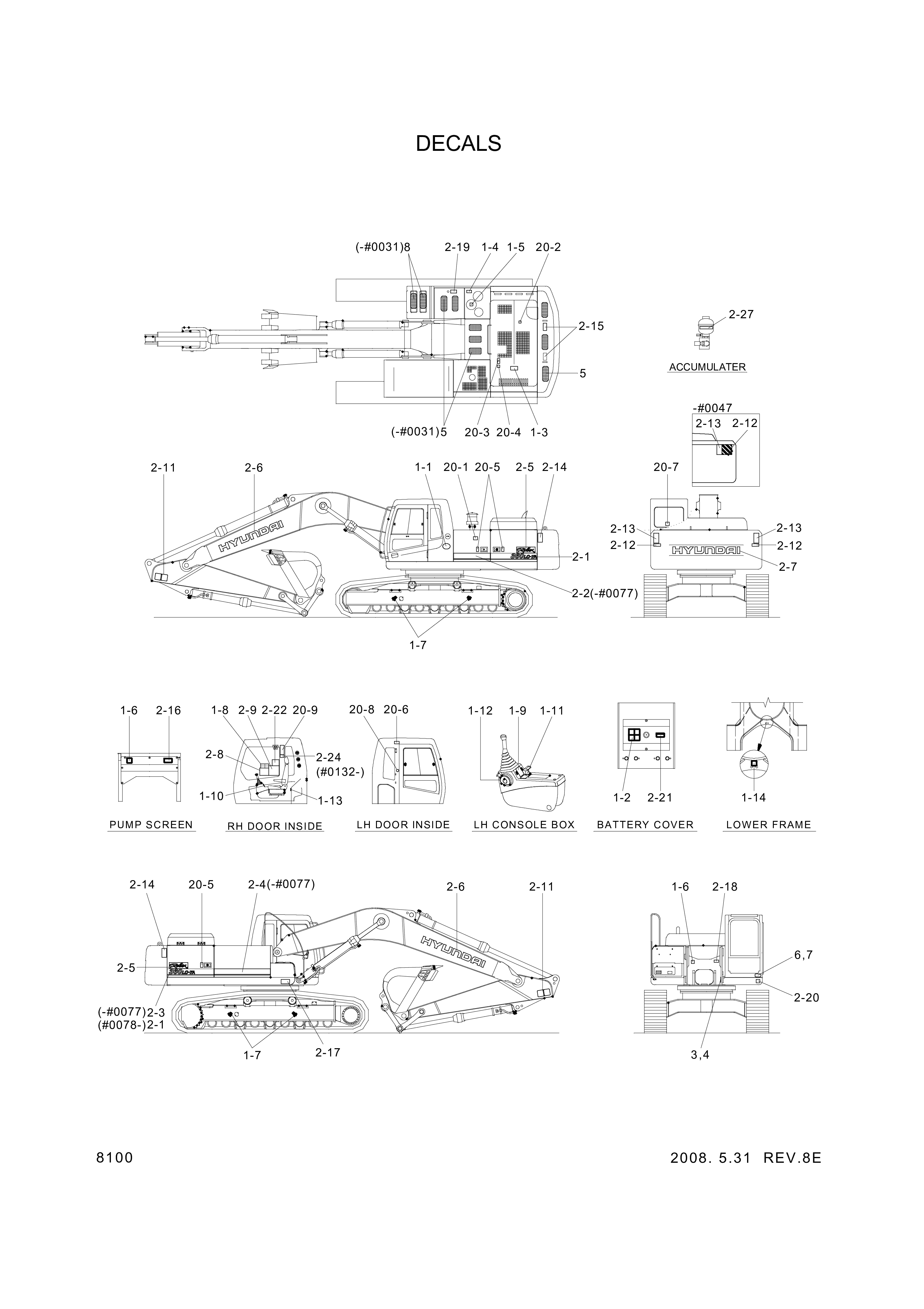 Technical drawing of Hyundai Construction Equipment 93NA-10710 DECAL-SERVICE INSTRUCTION with dimensions and layout
