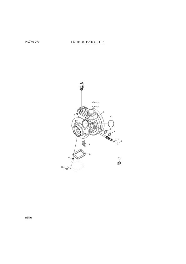Technical drawing of Hyundai Construction Equipment YUBP-06091 TURBOCHARGER with dimensions and layout (figure 3)