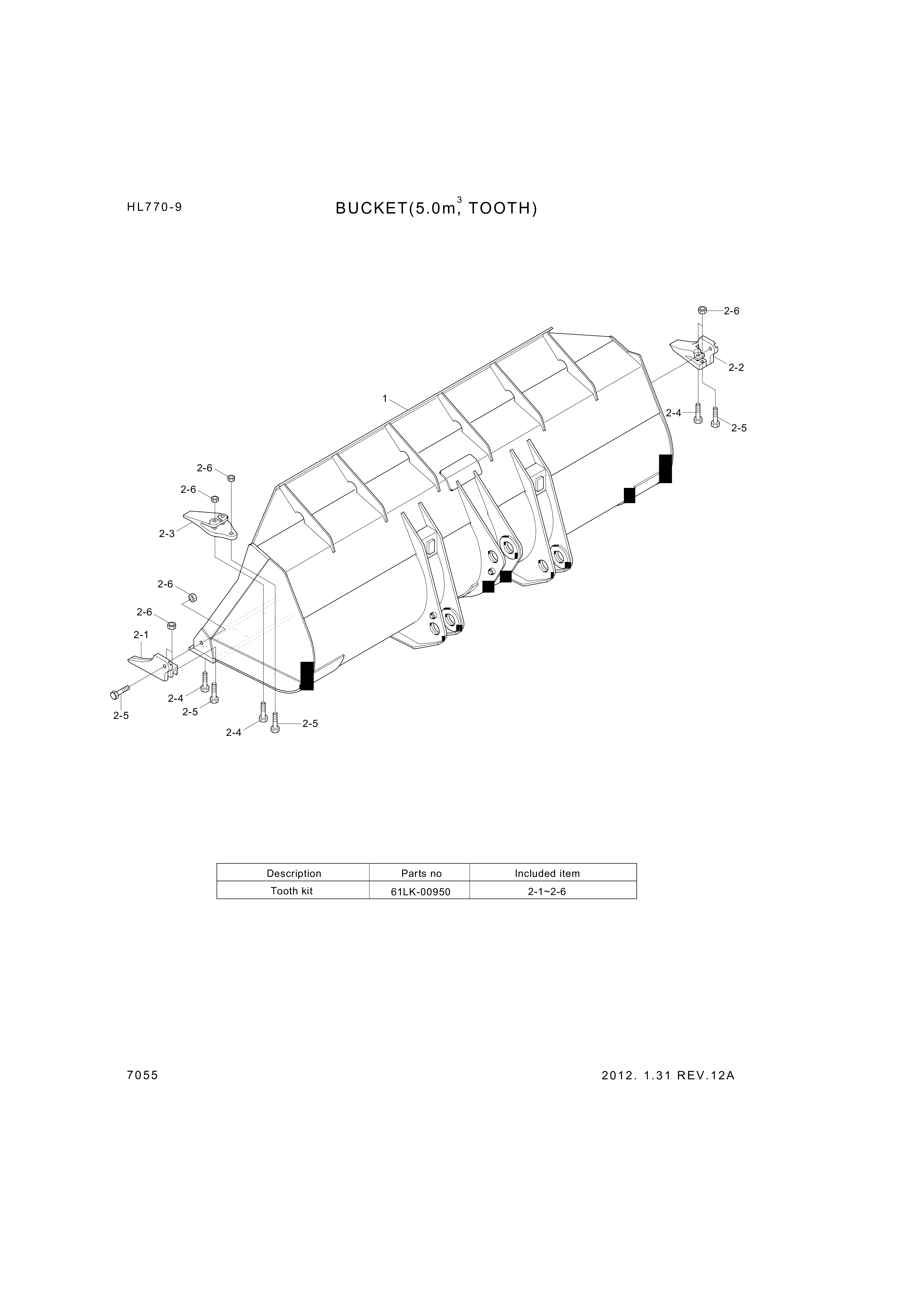 Technical drawing of Hyundai Construction Equipment 61LK-00950 TOOTH KIT with dimensions and layout (figure 2)