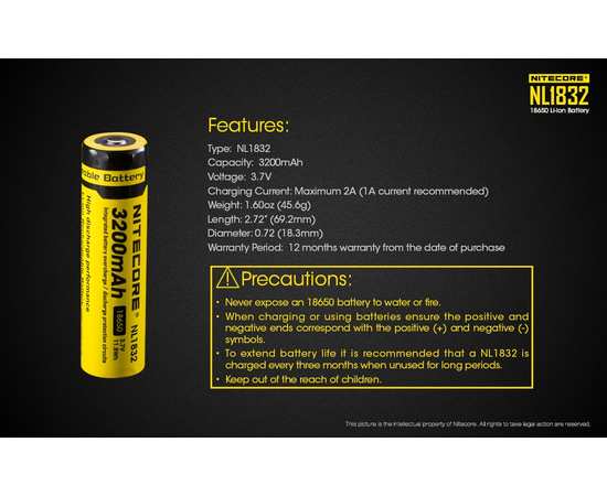 Аккумулятор Nitecore 18650 NL1832 Li-ion 3.7v 3200mA, изображение 7