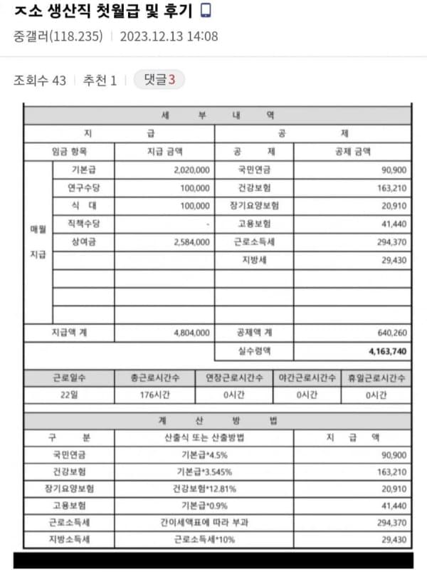 ㅈ소 생산직 첫월급 및 후기