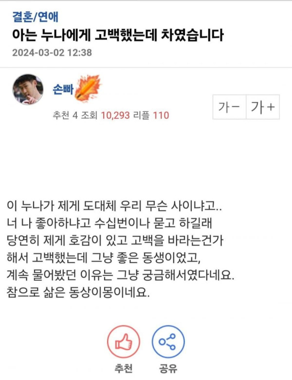 아는 누나에게 고백했는데 차인 엠팍인