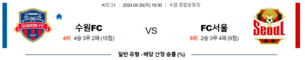K리그1 2024년 4월30일 19:30 수원 FC vs FC 서울