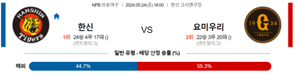 일본야구분석 NPB 5월 24일 한신 타이거즈 VS 요미우리 자이언츠