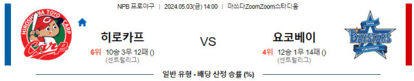 NPB 2024년 5월3일 14:00 히로시마 VS 요코하마