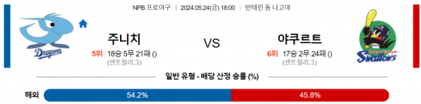 일본야구분석 NPB 5월 24일 주니치 드래곤즈 VS 야쿠르트 스왈로즈