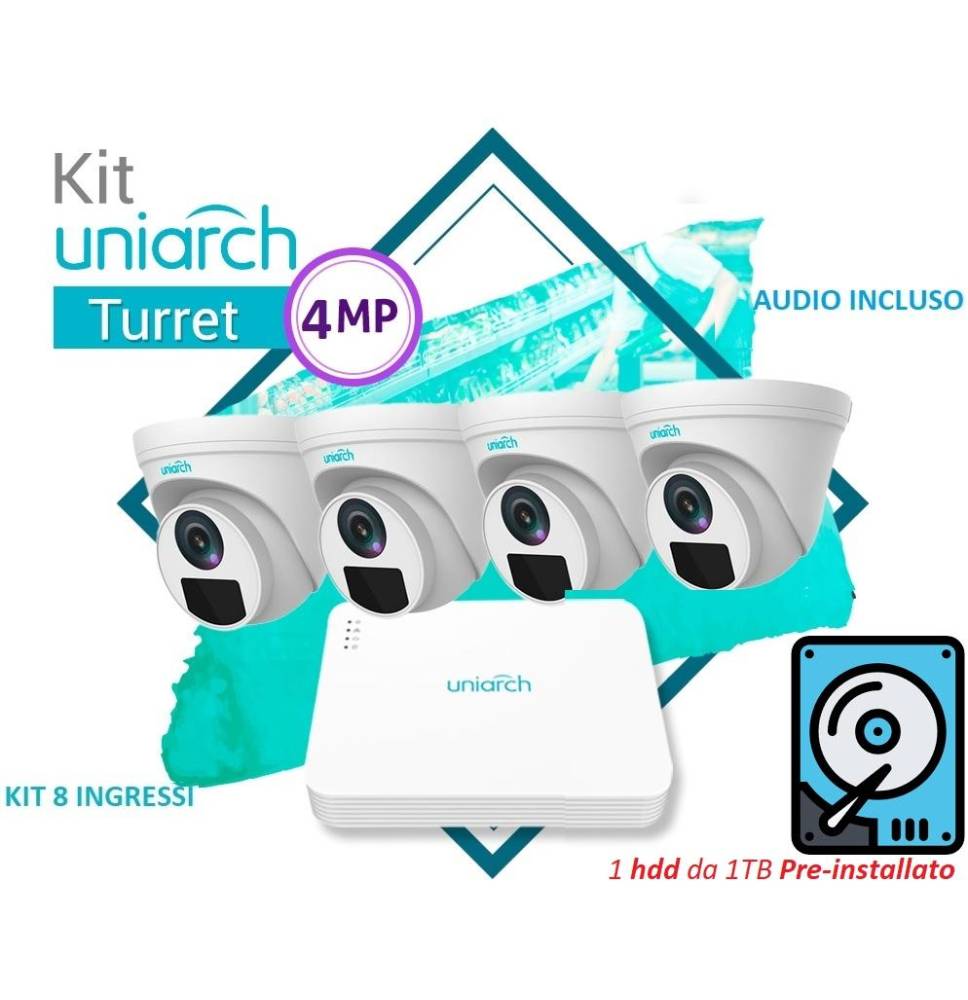 KIT UNIARCH 8 Canali PoE con 1 HDD installato,  4 Turret 4MP