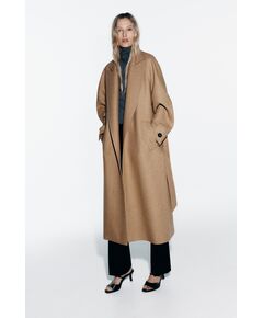 Zara Пальто с поясом longline belted wool blend coat , Цвет: Коричневый, Размер: XS