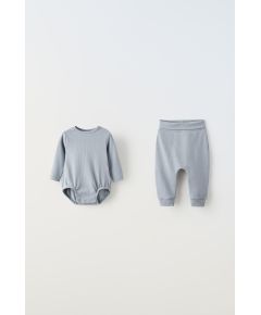 Zara Двухэлементный набор с рубчиком plain ribbed bodysuit and joggers , Цвет: Серый, Размер: 0-1 месяцев (56 см)