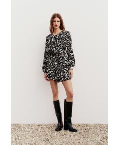 Zara Платье с атласным воротником, длинными рукавами и собранным эластичным поясом в горошек, Цвет: multicolor, Размер: XS