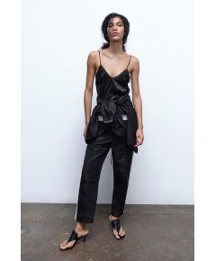 Zara Топ с атласным кружевом и тонкими бретельками, Цвет: Черный, Размер: XS