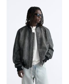 Zara Куртка "бомбер" из кожи с эффектом старения, Цвет: Черный, Размер: L-XL (US L-XL)