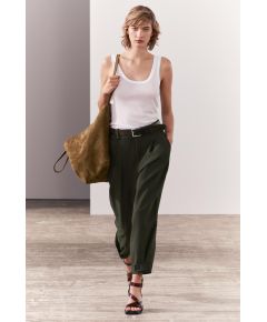 Zara Брюки средней посадки zw collection carrot-fit с вытачками , Цвет: Зеленый, Размер: XS