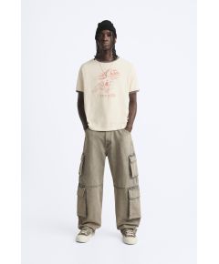 Zara Футболка с круглым вырезом и короткими рукавами с сохраненным старинным принтом, Цвет: Бежевый, Размер: S (US S)