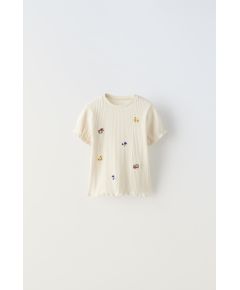 Zara Футболка с вышивкой цветов pointelle , Цвет: Бежевый, Размер: 1½ лет (86 см)