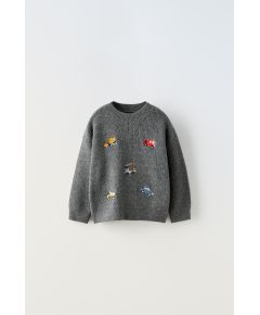 Zara Вязаный свитер с вышитыми машинами , Цвет: Серый, Размер: 5-6 лет (116 см)