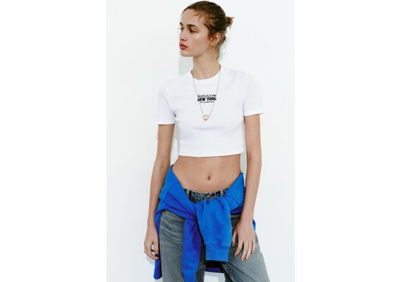 Zara Футболка с круглым вырезом и короткими рукавами, Цвет: Белый, Размер: S, изображение 2