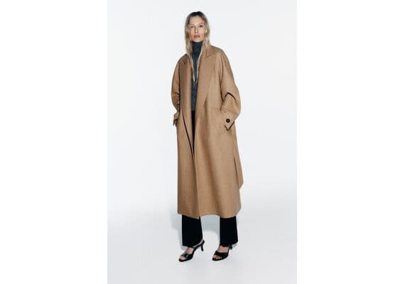 Zara Пальто с поясом longline belted wool blend coat , Цвет: Коричневый, Размер: XS