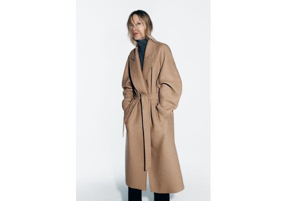 Zara Пальто с поясом longline belted wool blend coat , Цвет: Коричневый, Размер: XS, изображение 2