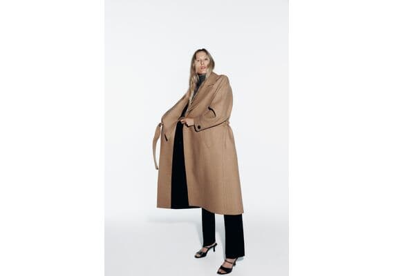 Zara Пальто с поясом longline belted wool blend coat , Цвет: Коричневый, Размер: XS, изображение 3