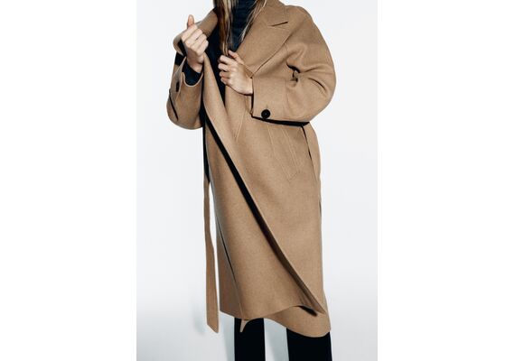 Zara Пальто с поясом longline belted wool blend coat , Цвет: Коричневый, Размер: XS, изображение 5