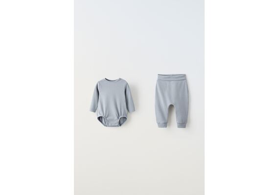 Zara Двухэлементный набор с рубчиком plain ribbed bodysuit and joggers , Цвет: Серый, Размер: 0-1 месяцев (56 см)