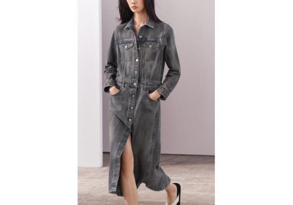 Zara Платье-рубашка из коллекции zw collection denim shirt dress , Цвет: Серый, Размер: XS, изображение 4