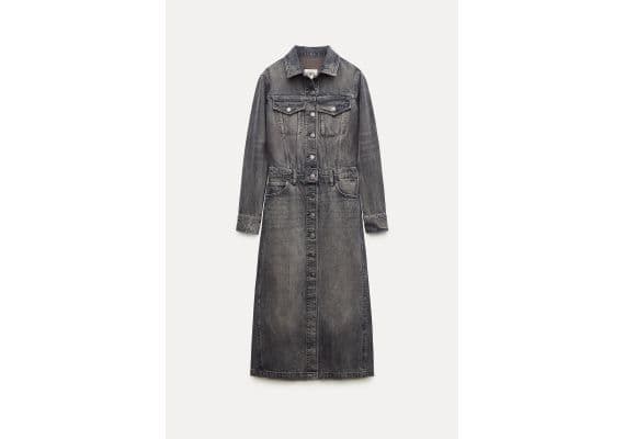 Zara Платье-рубашка из коллекции zw collection denim shirt dress , Цвет: Серый, Размер: XS, изображение 6