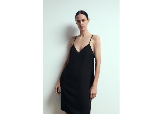 Zara Короткое платье-слип с v-образным вырезом и тонкими лямками, Цвет: Черный, Размер: XS, изображение 2