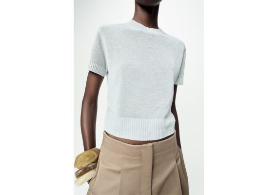 Zara Топ из тонкой вязки с круглым вырезом и короткими рукавами. сохраните  plain fine knit top , Цвет: Синий, Размер: M, изображение 2